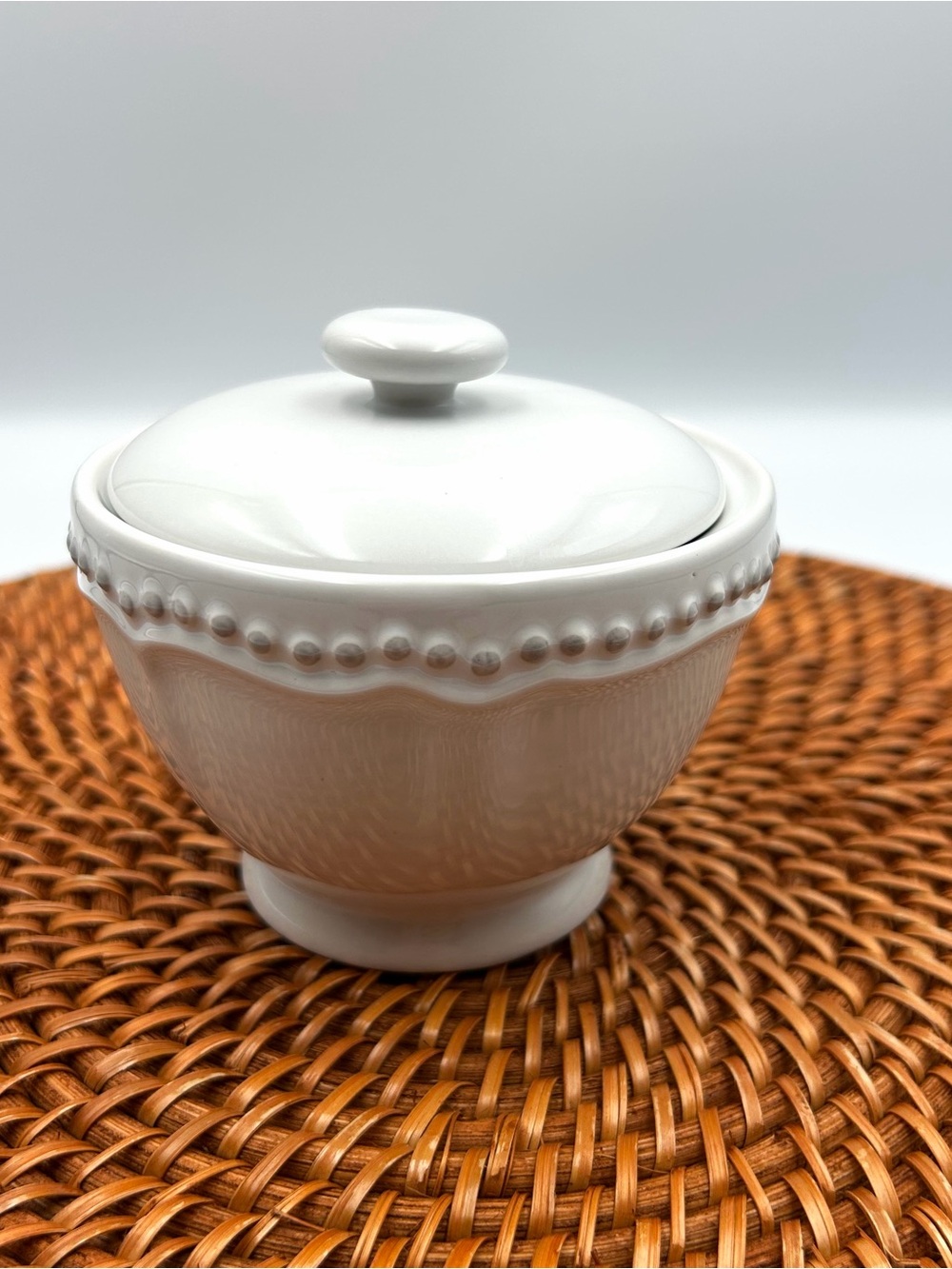 Pottery Barn Emma White Beaded Sugar Bowl Ceramic Rustic Farmhouse With Lid